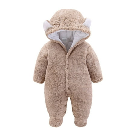 

WOYY Newborn Girls Fleece Fuzzy Jumpsuit Cartoon Bear Ear Hooded Romper Winter Warm Union Suit