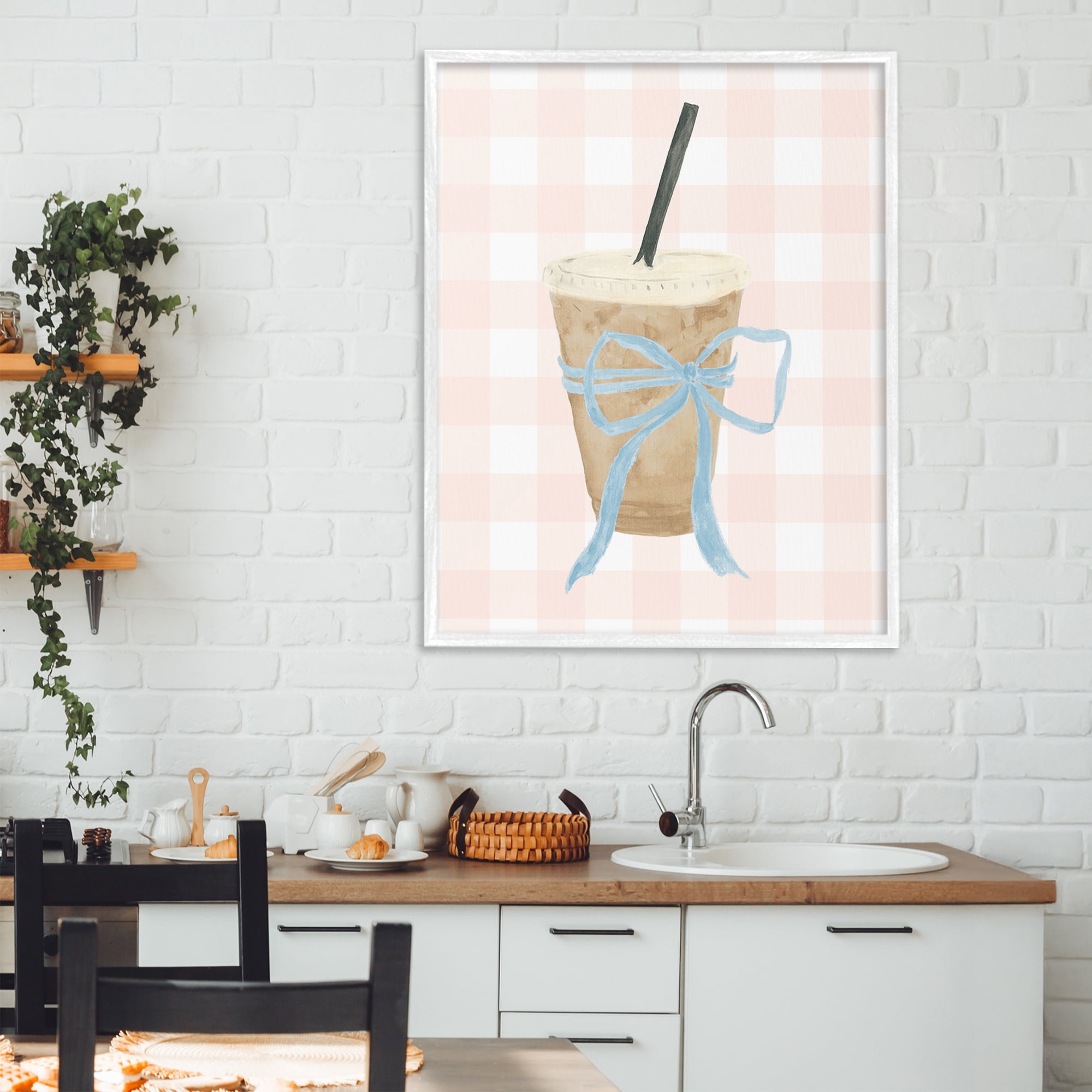 Stupell Industries Iced Coffee on Gingham White Framed Giclee Art, design by Lucille Price