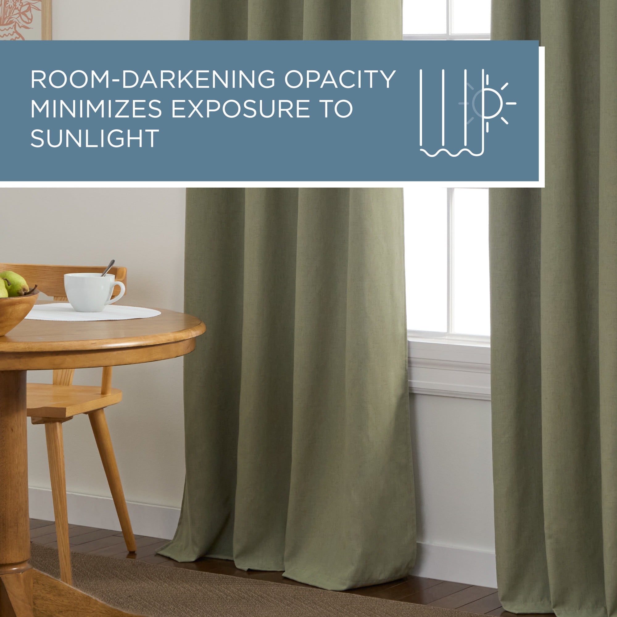TOWN & COUNTRY BASICS Bertram Solid Linen Texture Indoor Curtains, Room Darkening with Energy Efficient Lining, Grommet Top, 2-Pack Set, Sage Green, 50"x96"