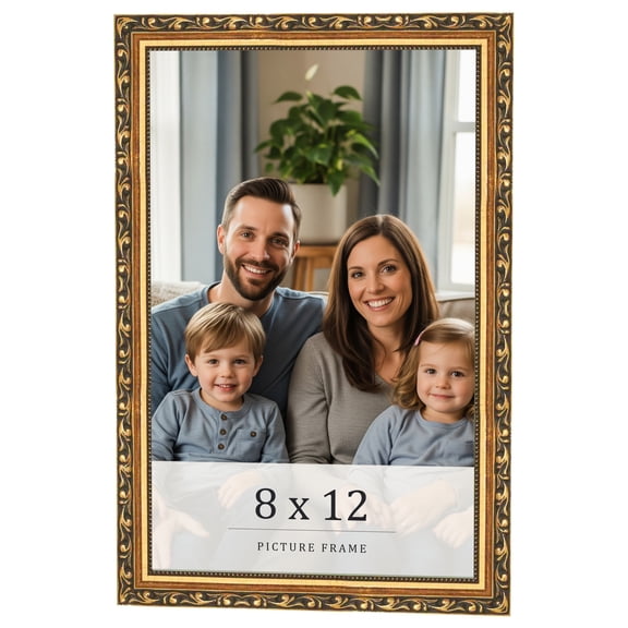 8x12 Frame Black & Gold Solid Wood Picture Frame Width 1.125 Inches | Interior Frame Depth 0.375