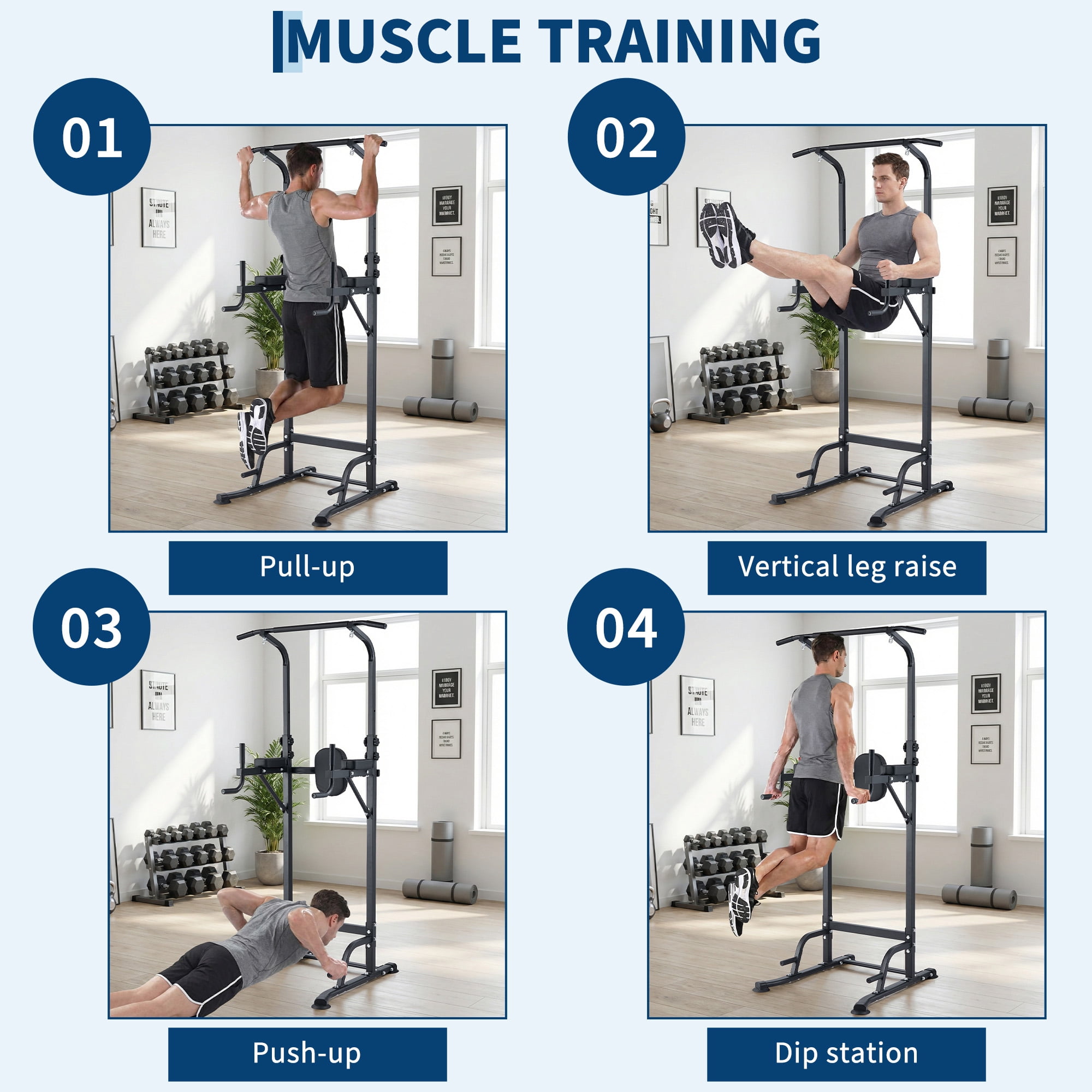 Multi-Function Power Tower Pull Up Bar Station with Backrest, Adjustable Height Strength Training Equipment for Gym, Heavy Duty Pull Up Dip Station