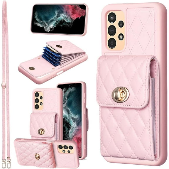 Phone Case for Samsung Galaxy A13 4G/5G Wallet Cover with Credit Card Holder Slot Shoulder Crossbody Strap Long Lanyard Leather Cell Accessories A04s M13 G5 A 13 LTE 13A 2022 Women Girls Pink