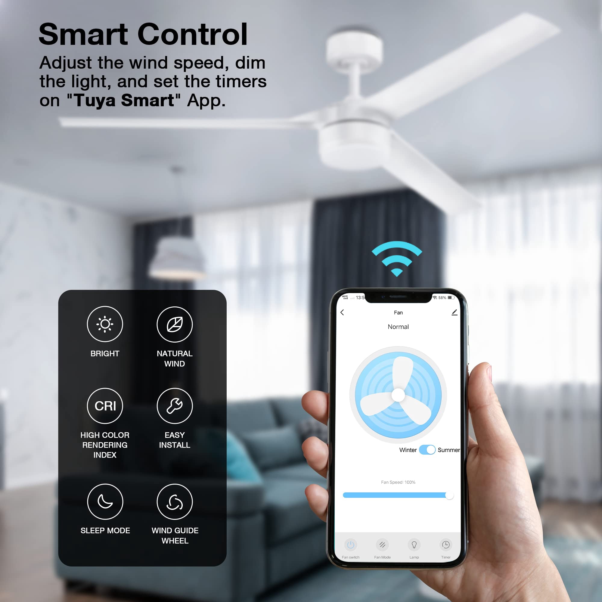 52 Inch Smart Outdoor Ceiling Fans with LED Lights and Remote,Quiet DC Motor, Matte White 3 Blade for Bedroom Living Room Patio Porch, Dimmable, Indoor Modern Ceiling Fan Controlled by WIFI Alexa App