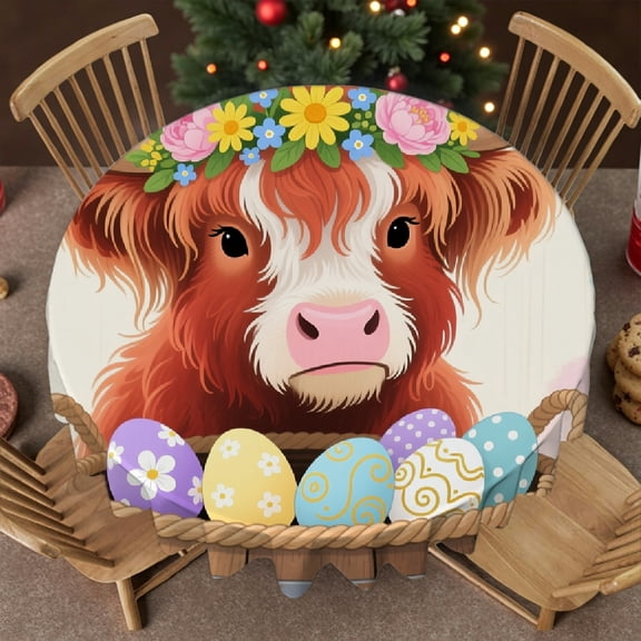 Tablecloth for dining table round - Watercolor Highland Cow Flowers Print, Holiday-Themed Design Machine-Made tablecloth round, Cafe, dinner, brunch, buffet, picnic