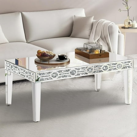 Silver Mirrored Coffee Table, Rectangle Living Room Tables with Crystal Inlay, Unique Modern Mirror Coffee Table Mirrored Furniture for Living Room, Office