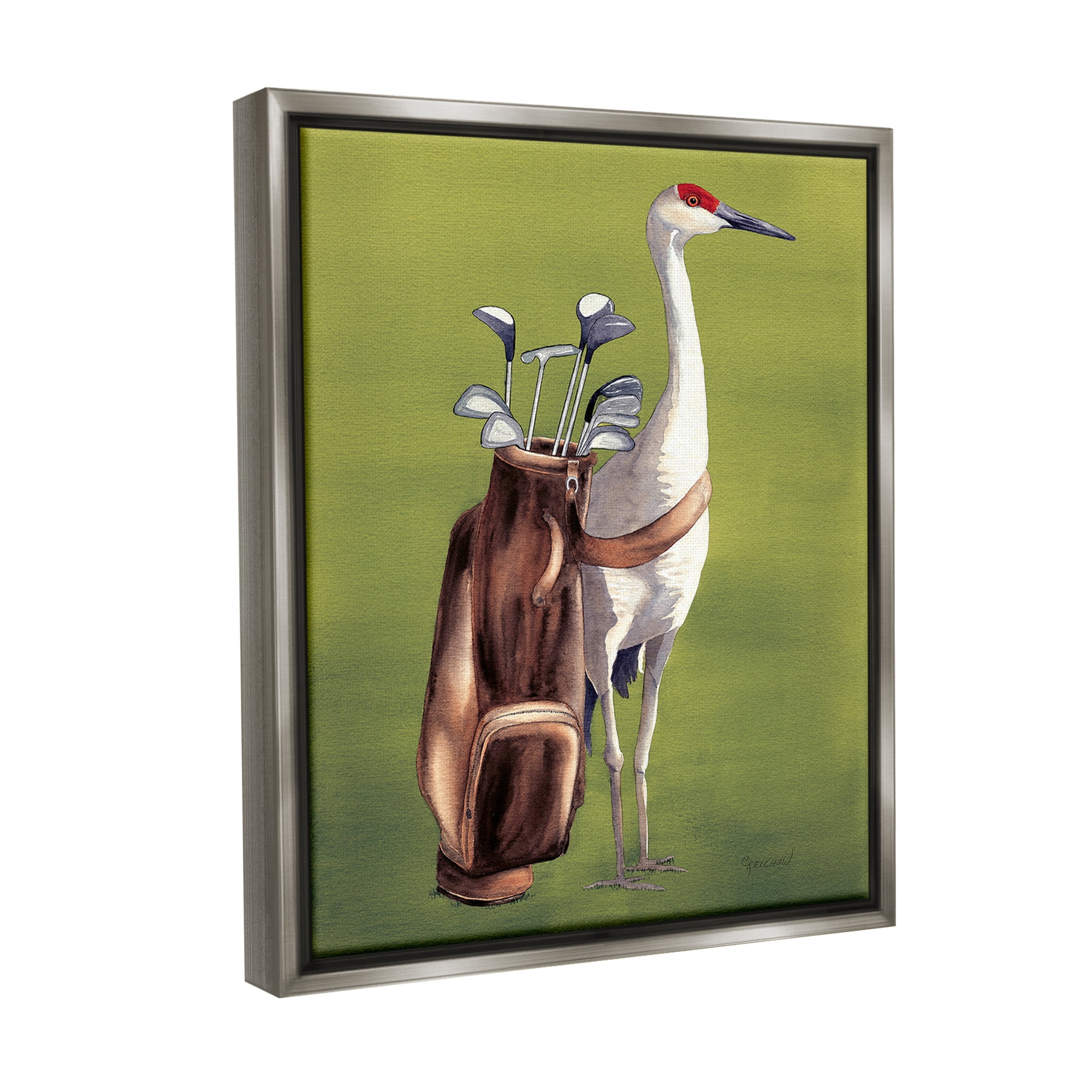 Stupell Industries Crane Bird with Golf Clubs Animals & Insects Painting Gray Floater Framed Canvas Art Print Wall Art, 17 x 21