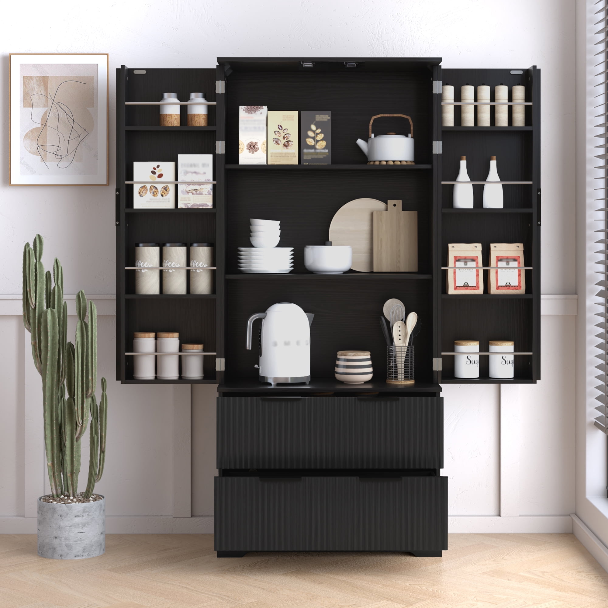 Howcool 72"H Fluted Kitchen Pantry Cabinet,Freestanding Storage Organizer with 2 Large Drawers,8-Door Spice Racks & Adjustable Shelves for Kitchen,Dining Room,Bathroom,Entryway,Black
