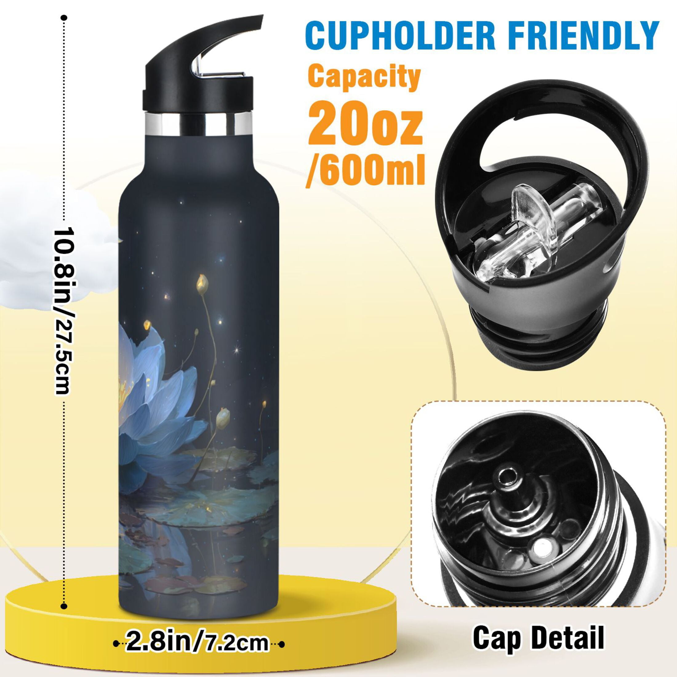 Kids Insulated Stainless Steel Sports Water Bottle 600ml (20oz) Serene Blue Lotus Flower