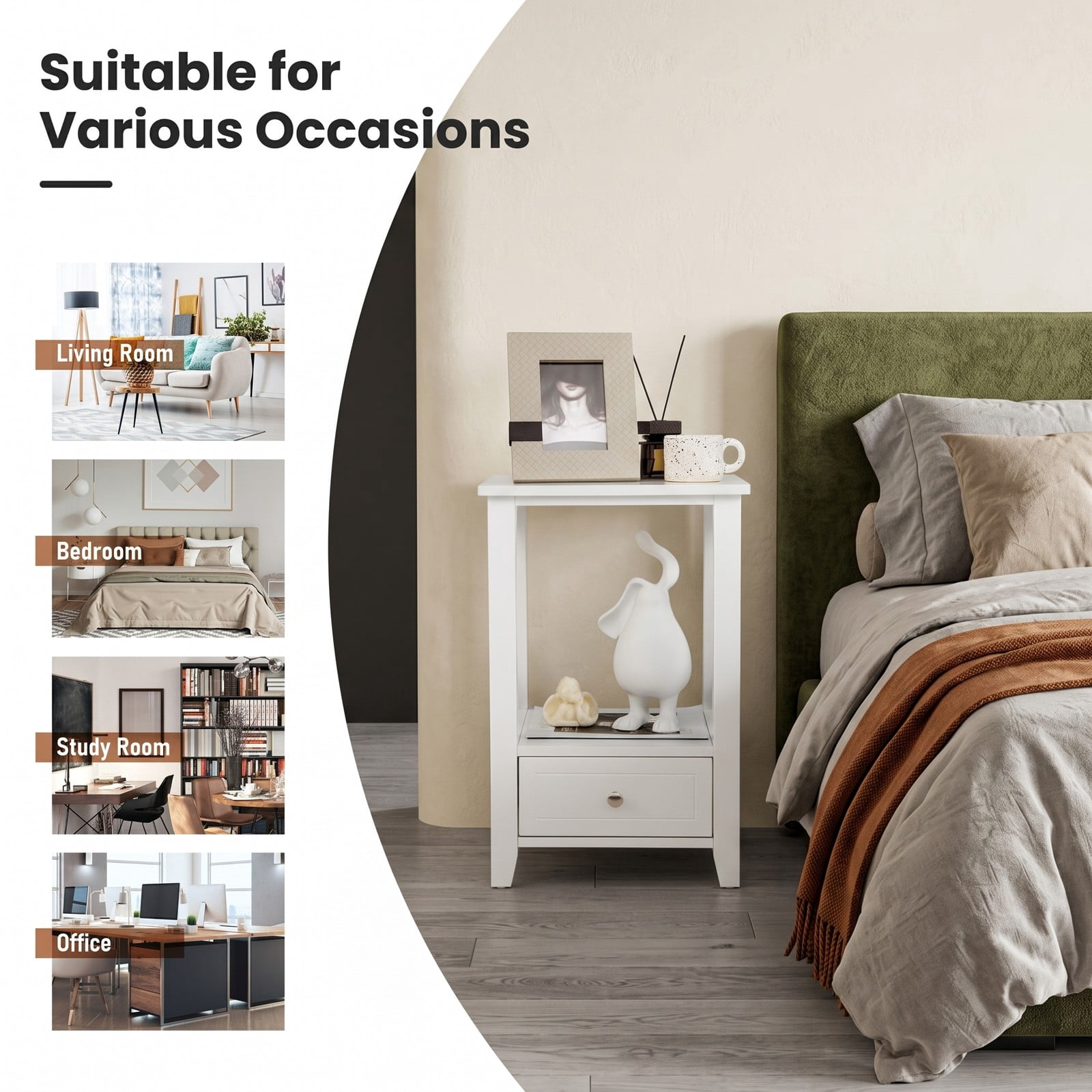 Furnibear 2-Tier Nightstand with Storage Drawer and Open Shelf, Multifunctional Bedside Table with X-frame Sides for Bedroom, White