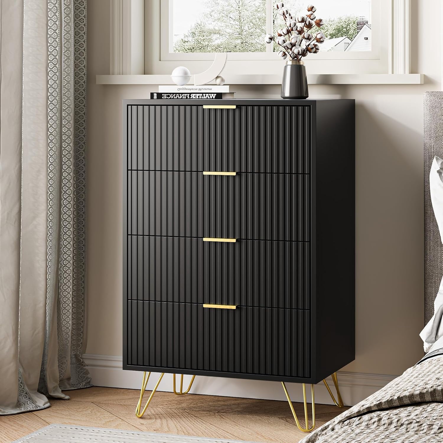 FURNIWAY Black 4 Drawer Dresser with Gold Handles, Fluted Wood Chest Nightstand for Bedroom, Living Room, Entryway
