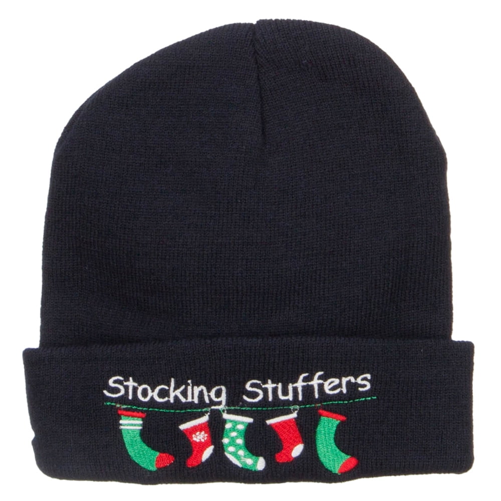 Christmas Stocking Stuffers Embroidered Long Beanie - Navy OSFM