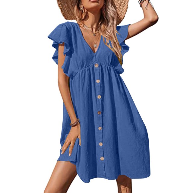 Puntoco Vestido De Manga Corta Con Cuello En V, Vestido De Color Sólido Con Cuello En V Y Manga Corta Para Mujer Azul Oscuro M