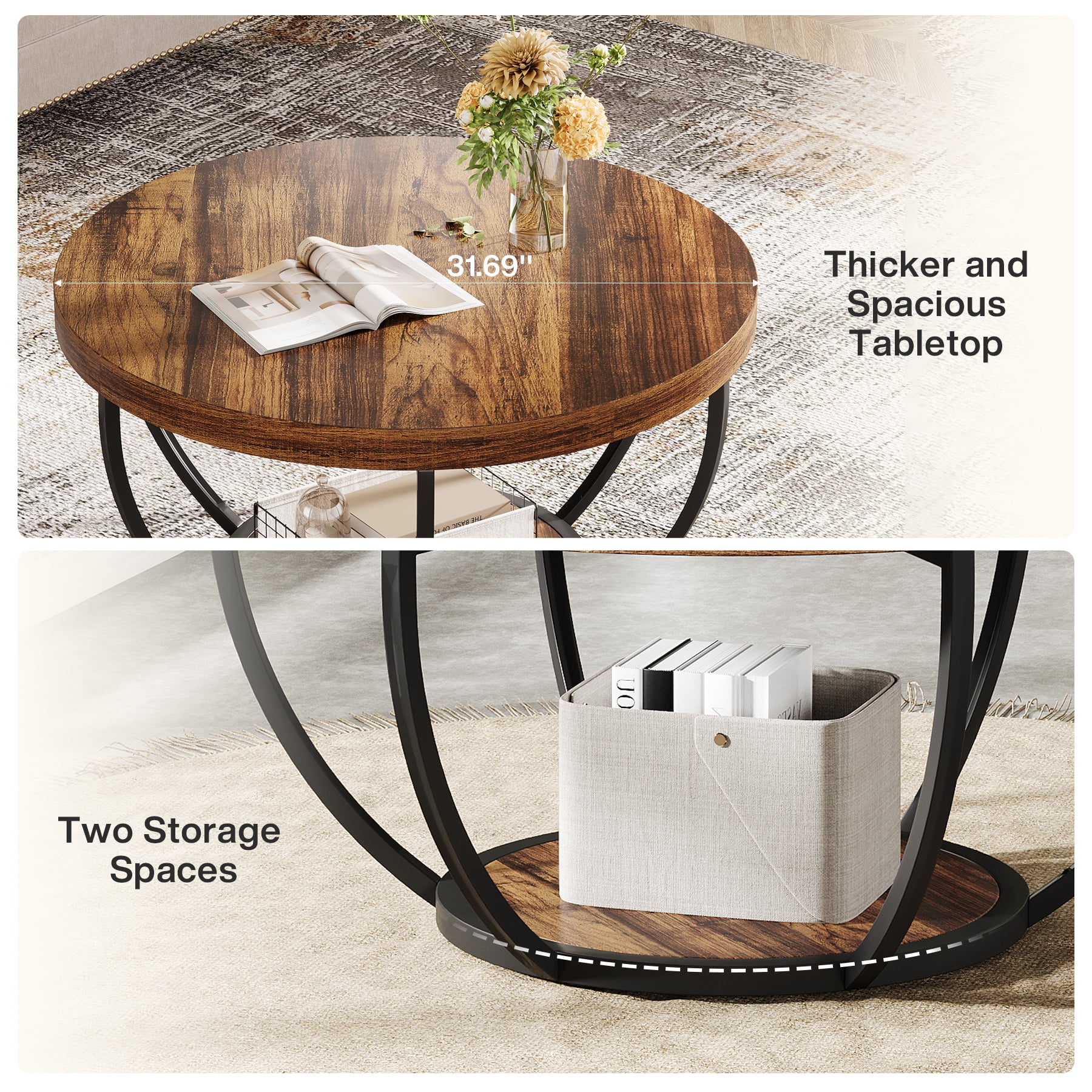 Fnova Coffee Table with 2 - Tier Storage, 32" Round Wood Coffee Table with Metal Legs, Modern Rustic Style Center Table for Living Room, Dark Brown and Black
