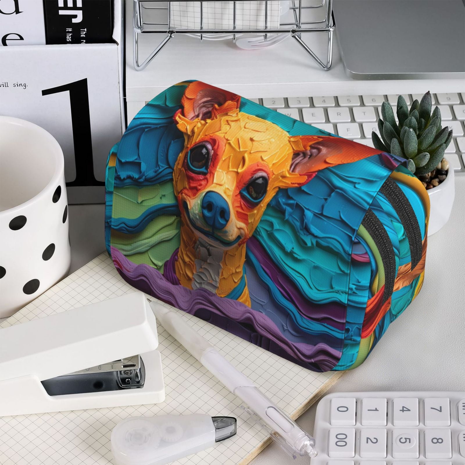 Rateoe Colorful Textured Chihuahua Pattern Double Clamshell Pen Case, Storage Organizer with Two Zipper Compartments– Holds Up to 50 Pencils & Pens