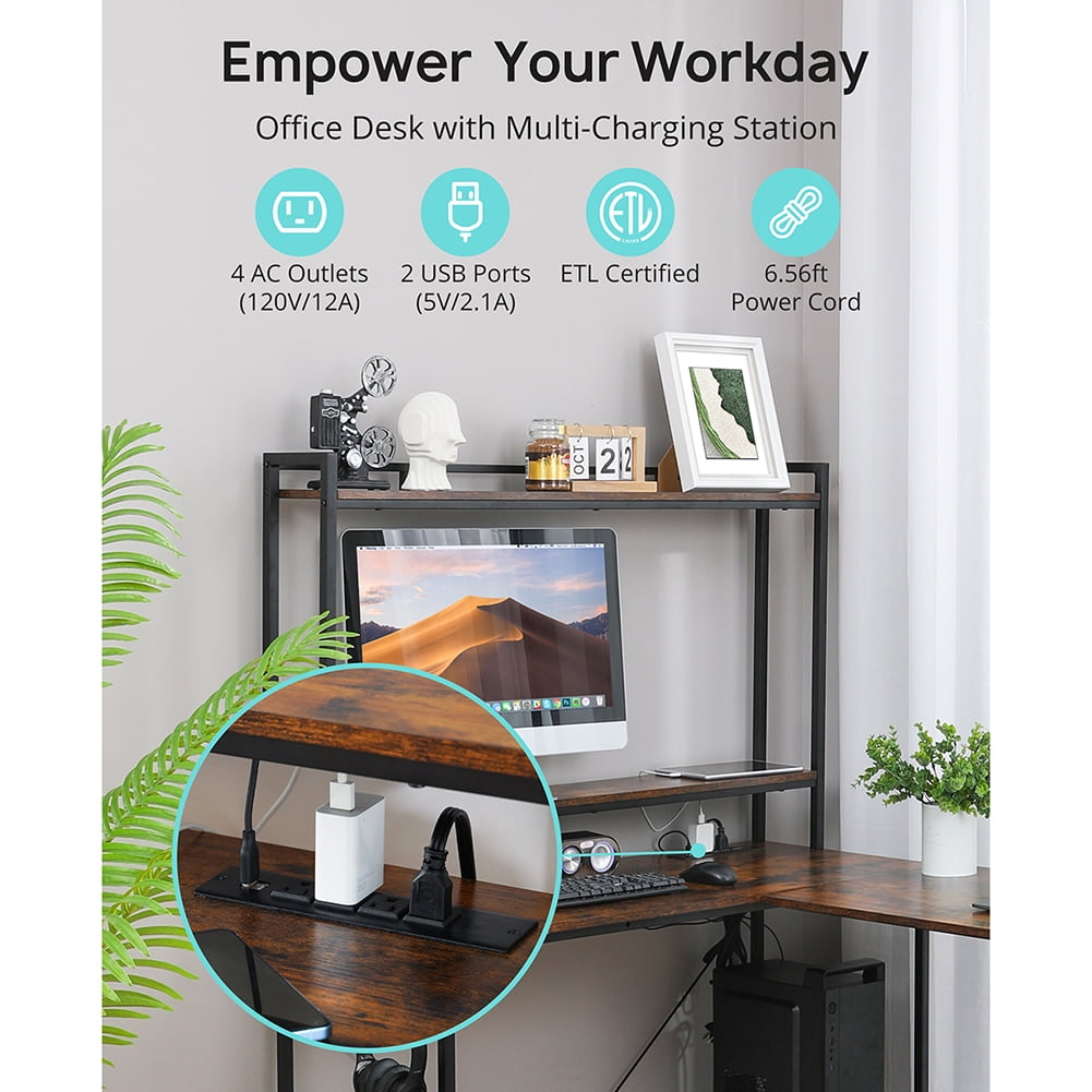 Resenkos 94.5” Computer Desk Console Table, Two Person L-Shaped Gaming Desk Office Desk with Outlets and USB Ports for Home Office, Adjustable Shelf, Brown Resenkos 94.5” Computer Desk Console Table, Two Person L-Shaped Gaming Desk Office Desk with Outlets and USB Ports for Home Office, Adjustable Shelf, Brown