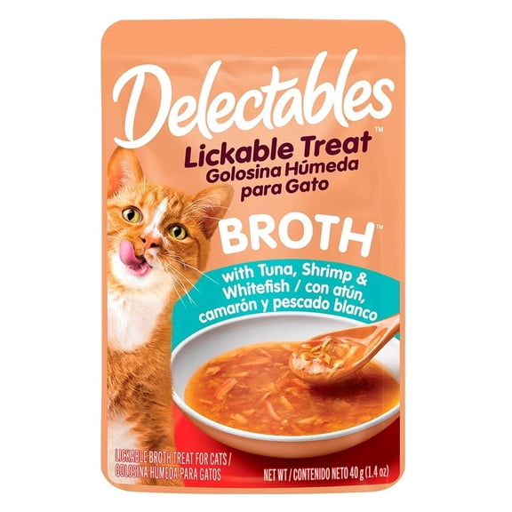 Premio para gatos Delectables Savory Broth Caldo de Atún, camarones y pescado blanco 40 gr