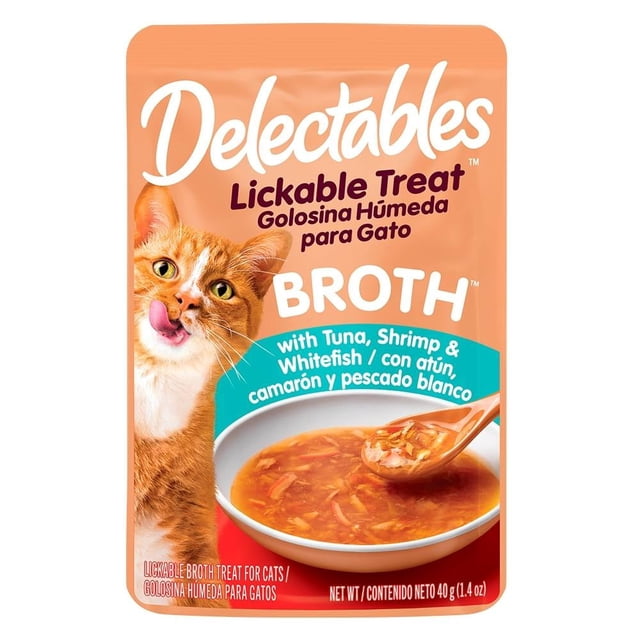 Premio para gatos Delectables Savory Broth Caldo de Atún, camarones y pescado blanco 40 gr