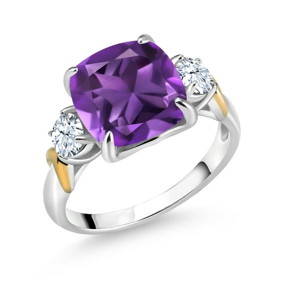 Gem Stone King 925 Silver and 10K Yellow Gold Purple Amethyst 3 Stone Ring for Women (3.50 Cttw, Gemstone February Birthstone, Cushion 10MM, Round 4MM, Size 8)