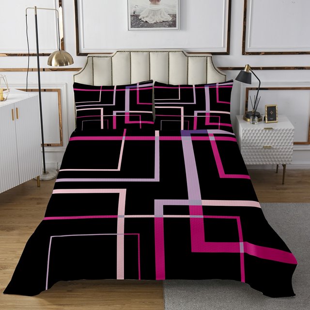 YST Abstract Geometry Queen Coverlet Set Rectangle Square Bedding Set, Black and Pink Bedspread Set Modern Minimalism Quilt Set, Aesthetic Bed Quilt Girls Room Decorations