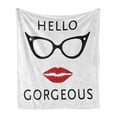 thumbnail image 1 of Hello Gorgeous Soft Flannel Fleece Blanket, Retro Eyeglasses and Red Lipstick Themed Phrase for Women and Girl, Cozy Plush for Indoor and Outdoor Use, 50" x 70", Black White and Ruby, by Ambesonne, 1 of 6