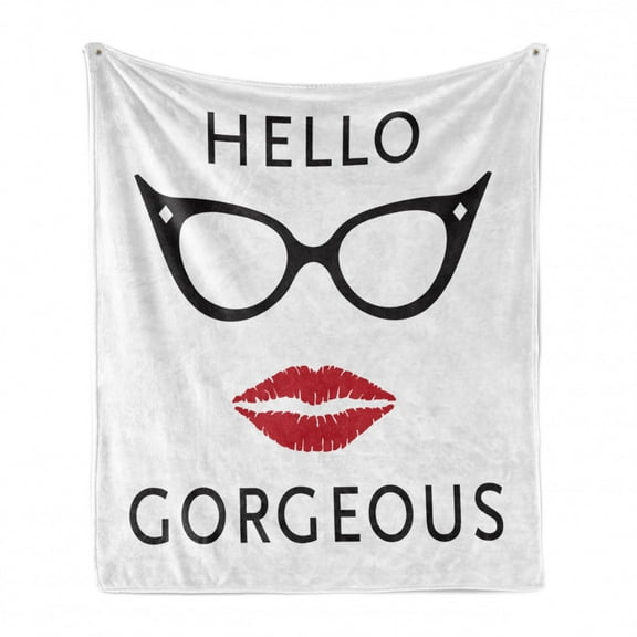 Hello Gorgeous Soft Flannel Fleece Blanket, Retro Eyeglasses and Red Lipstick Themed Phrase for Women and Girl, Cozy Plush for Indoor and Outdoor Use, 60" x 80", Black White and Ruby, by Ambesonne