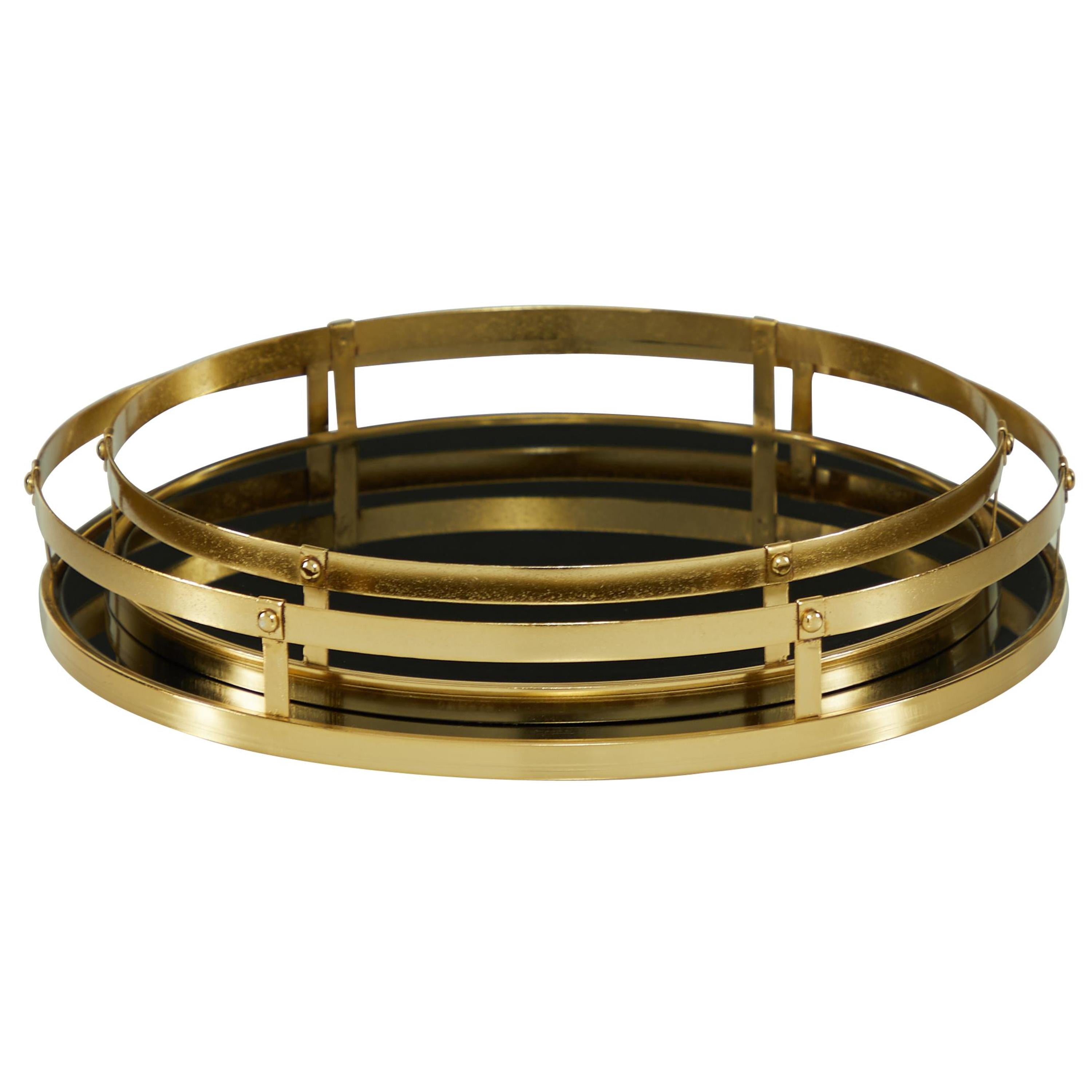 CosmoLiving by Cosmopolitan 14", 16"W Gold Metal  Tray with Black Glass, 2-Pieces