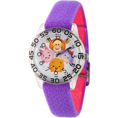 Disney Piglet Jewelry - Disney Tsum Tsum, Tigger, Pooh, Goofy, Eeyore and Piglet Girls' Clear Plastic Time Teacher Watch, Reversible Purple and Blue Nylon Strap