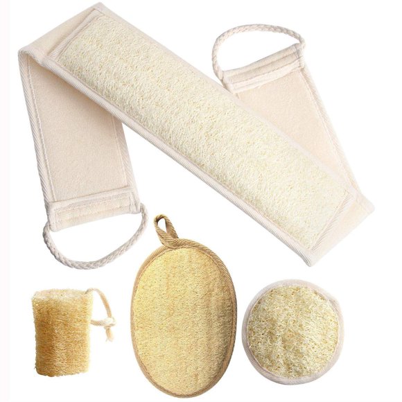 FEBSNOW Loofa Body Scrubber - 4 piezas exfoliante de lufa para la espalda, esponja de baño de ducha natural Luffa, esponja exfoliante para la cara, almohadilla para limpieza profunda y vigoriza tu pie