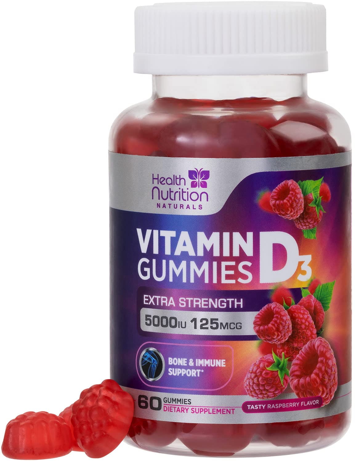 Health Nutrition Vitamin D3 Gummies 5,000 IU - Highly Concentrated to Support Bone Health and Natural Immune Support - 60 Gummies