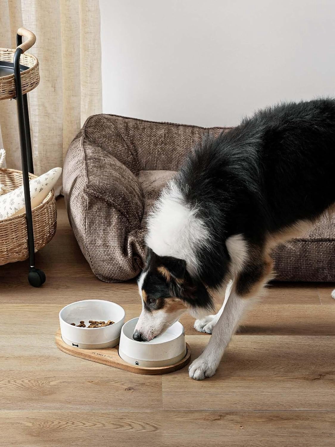 Ceramic Dog Bowls for Medium and Small Dogs - 3.2 Cup Weighted Non-Slip Food and Water Bowls with Acacia Wood Tray, Pet Bowl Set of 2