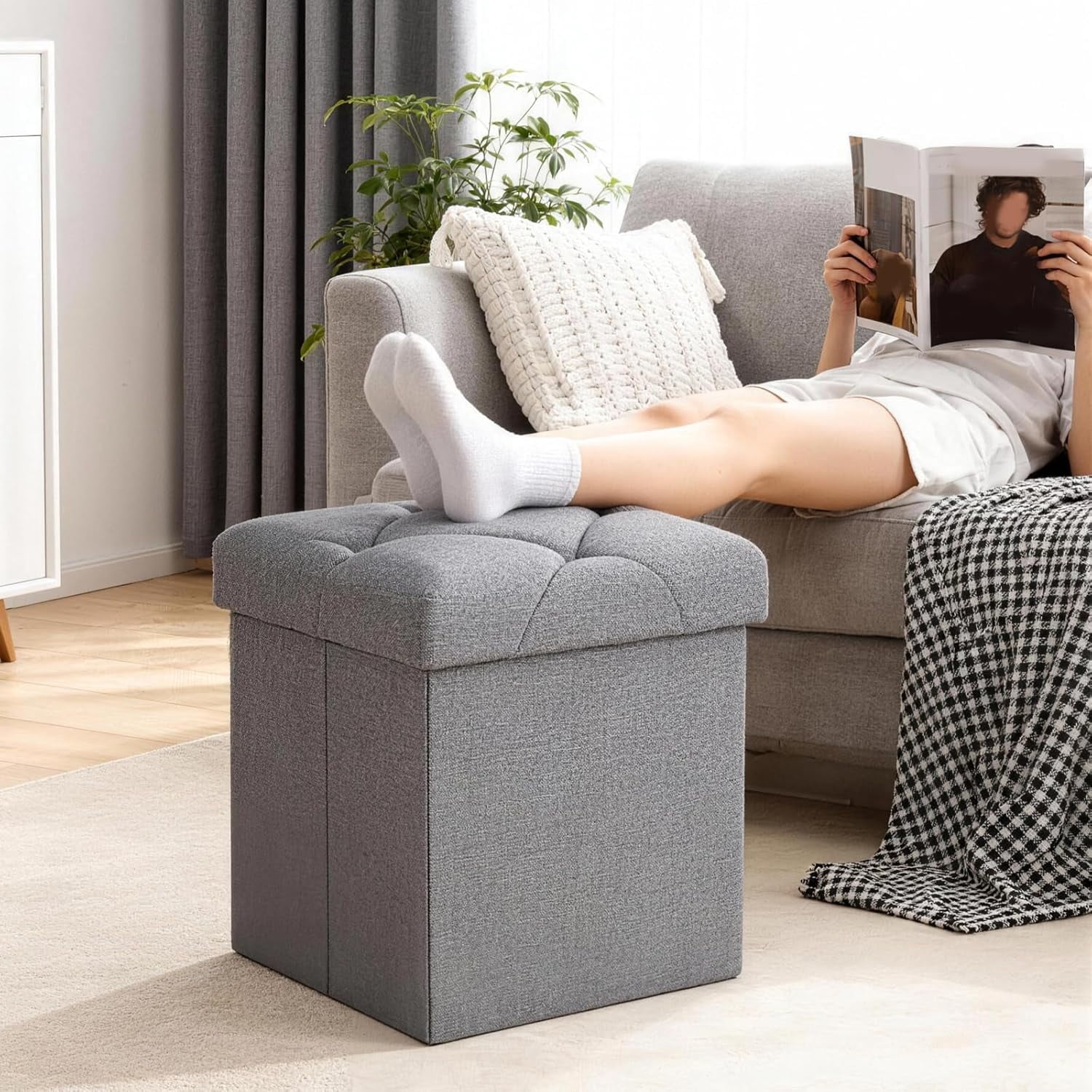 15" Foldable Storage Ottoman Bench with Bins, Padded Footrest Stool for End of Bed, Living Room and Entryway, Holds up to 350 lbs, Gray