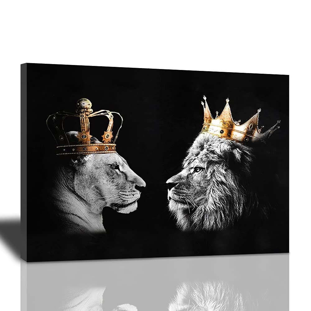 Lion Pictures Wall Decor for Bedroom African Lion King and Queen with Crown Wall Art African