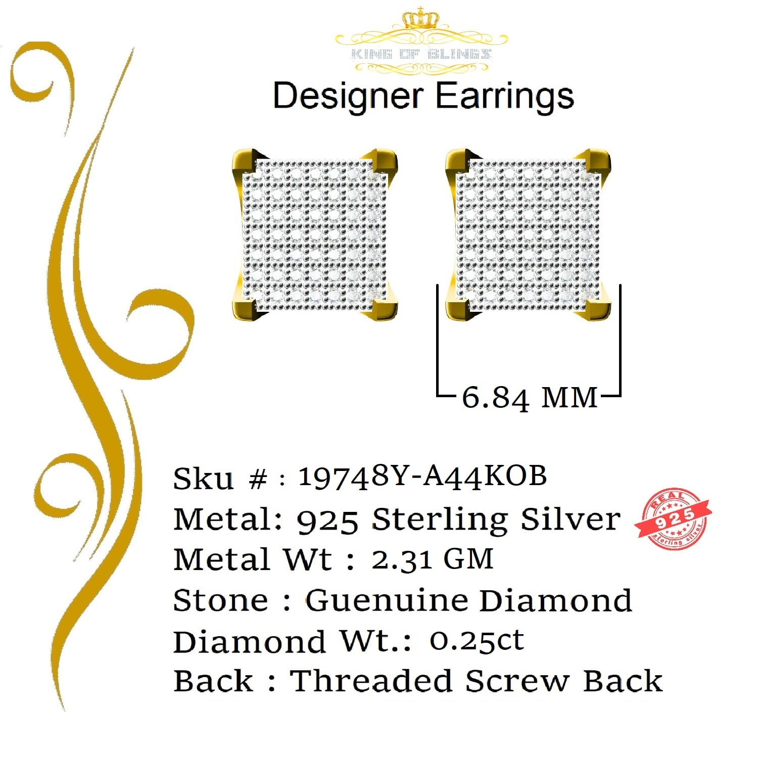 King of Bling's Aretes Para Hombre 925 Yellow Silver 0.25ct Square Diamond Stud men's Earrings