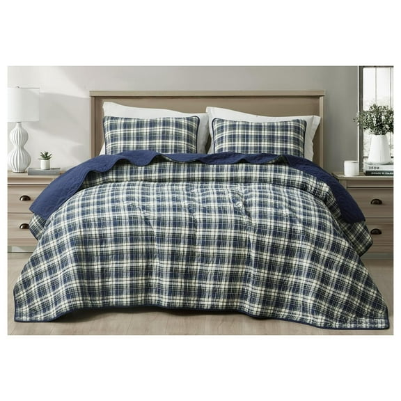 Chad 3-Piece Printed Plaid Cotton Quilt Set King Size - Blue Green Light Beige Plaid - Stone Washed Cotton Breathable Lightweight Bedspread Set
