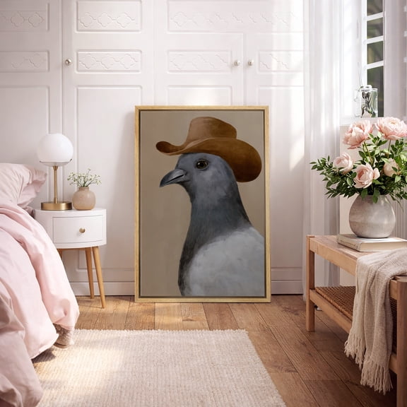Framed Canvas Print Funny Pigeon Wall Art Modern Decorative for Bathroom - 16"x24" NATURAL