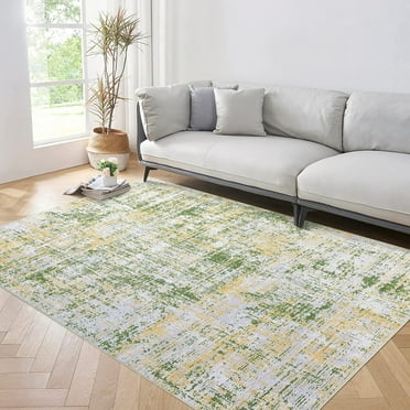 GlowSol 5'x7' Washable Rug Soft Non-Slip Low Pile Abstract Rug Foldable Stain Resistant Rugs for Dorm Playroom, Green Yellow