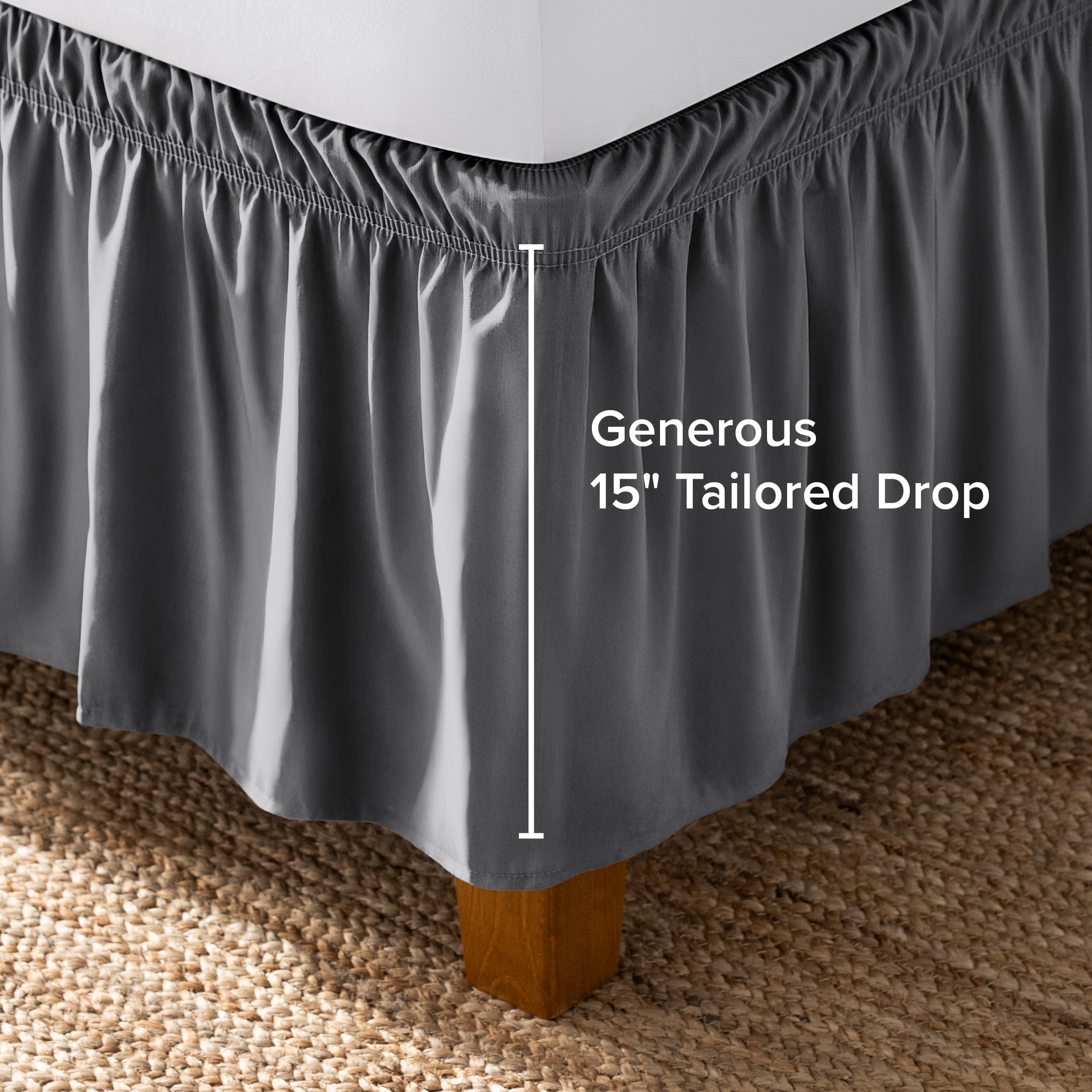 Bare Home Adjustable Wrap Around Bed Skirt - 15 Inch Drop - Easy Fit - Ruffle Pleats - Queen, Gray