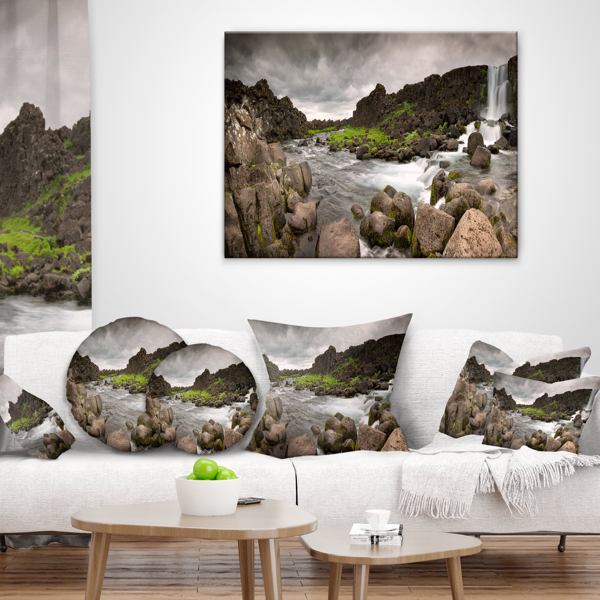 Designart Dramatic Oxarafoss Waterfalls - Abstract Throw Pillow - 16x16