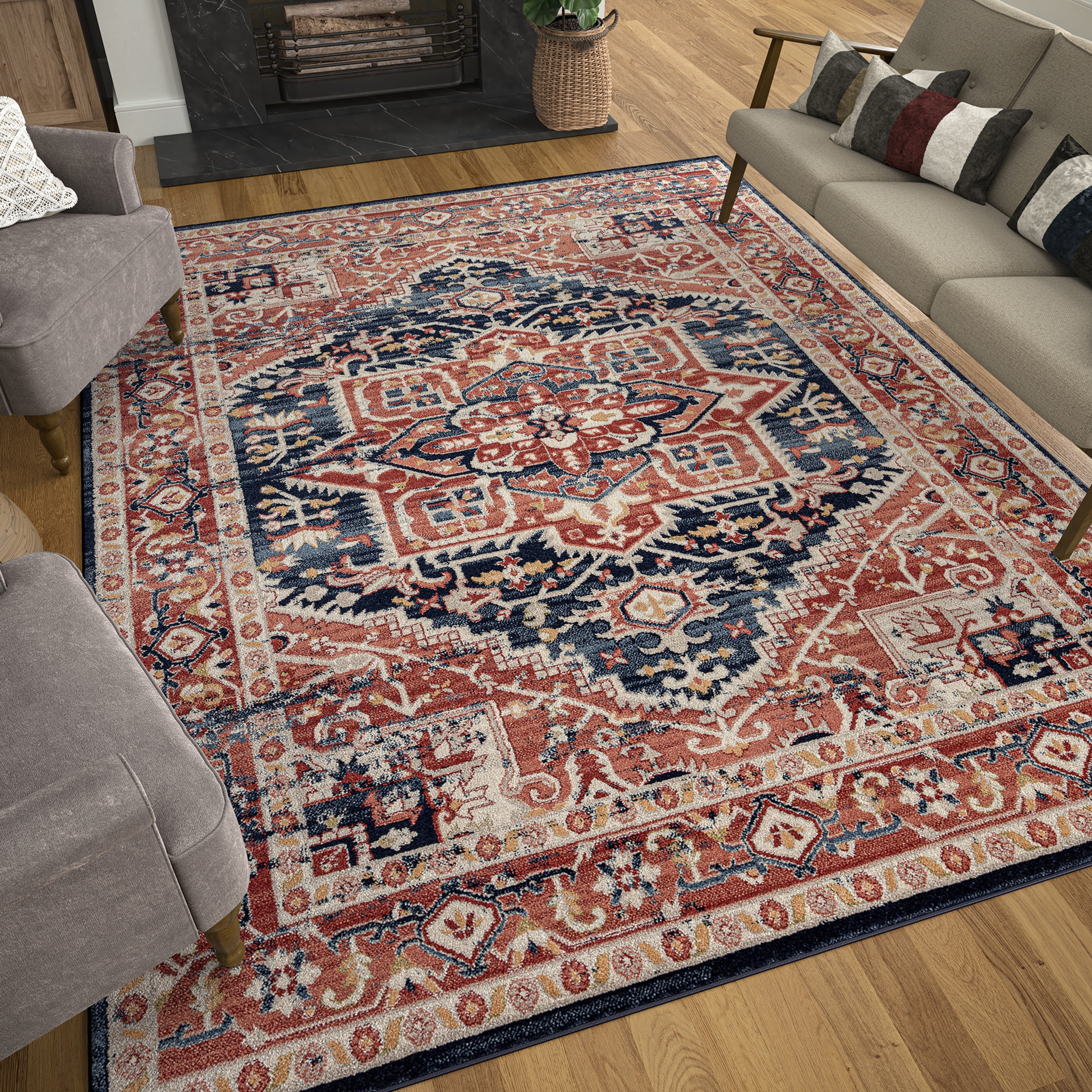 Traditional 8x10 Area Rug (7'11'' x 10'3'') Oriental Rust, Rust Living Room Easy to Clean