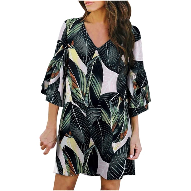 Vestido informal para mujer, dulce y bonito, con cuello en V, estampado, manga acampanada, vestido recto, minivestido Fridja yut3204
