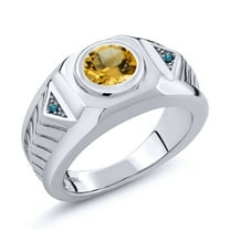 Gem Stone King Men's 925 Sterling Silver Round Yellow Citrine and Blue Diamond Ring (1.53 Cttw, Gemstone Birthstone, Available in Size 7, 8, 9, 10, 11, 12, 13)