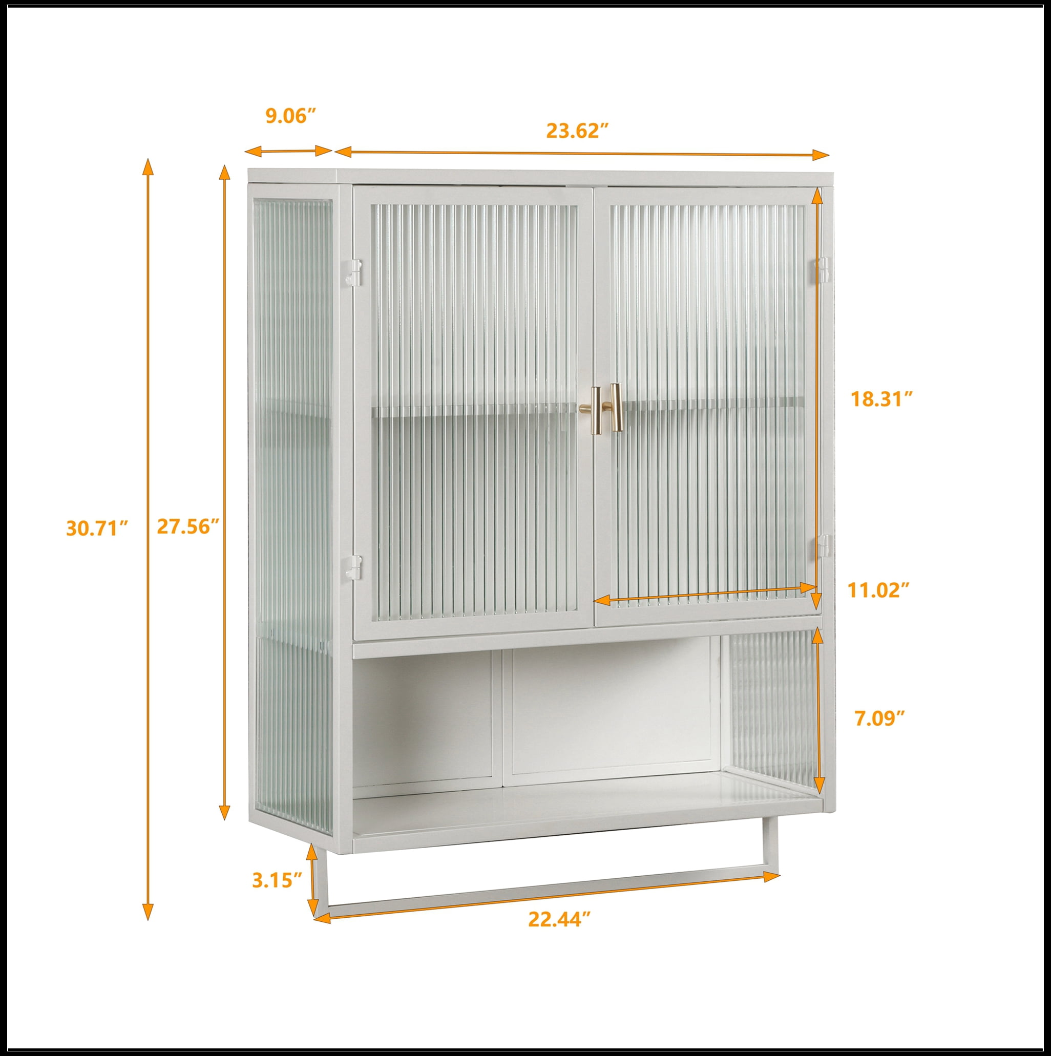 23.62"Glass Doors Modern Two-door Wall Cabinet with Featuring Two-tier Enclosed Storage, an Open Shelf, and Towel Rack, for Entryway Living Room Bathroom Dining Room