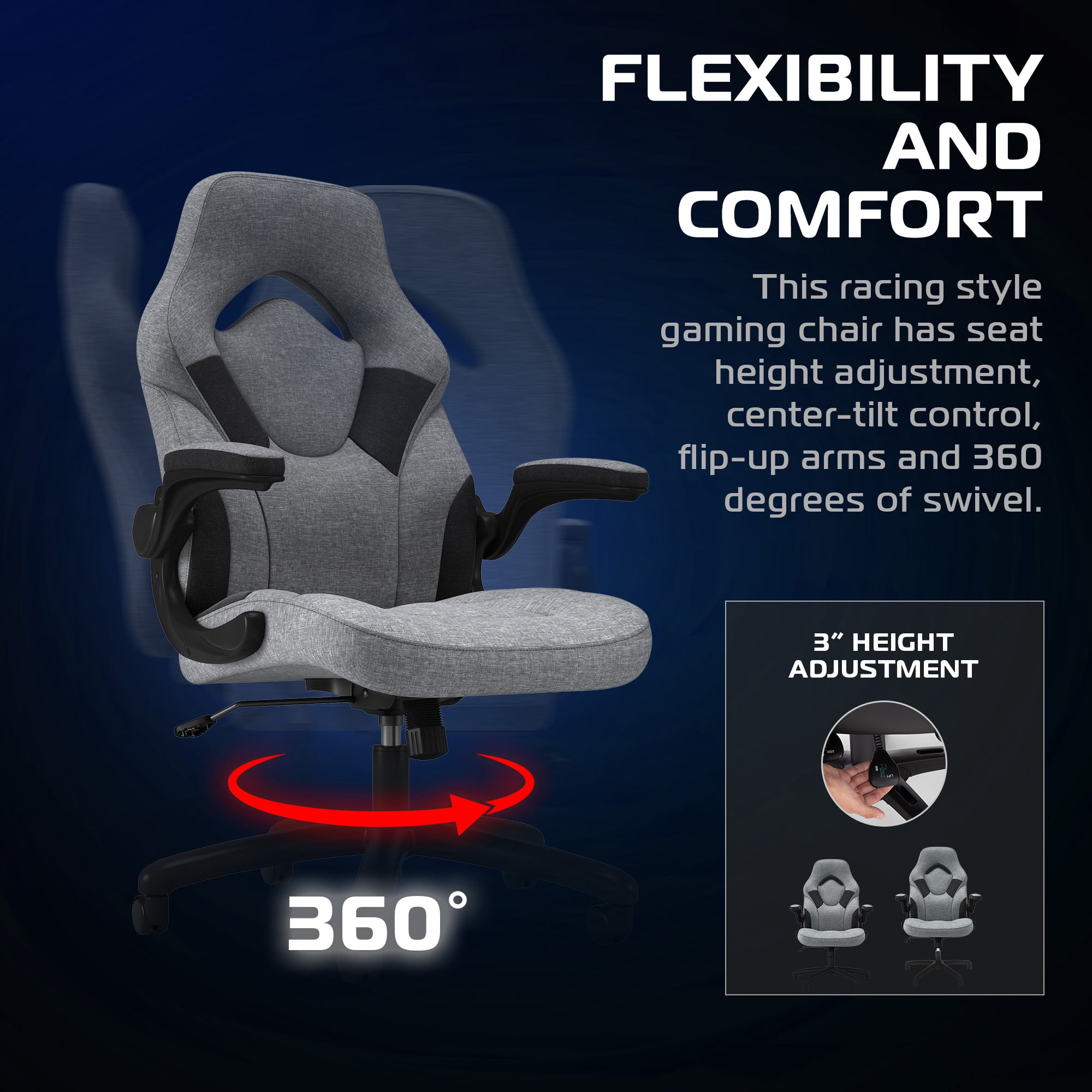 RESPAWN 3085 Ergonomic Gaming Chair for Adults, High Back Office Chair with Headrest and Flip Up Arms, Leather Racing Style Gaming Seat with Lumbar Support, Vdeo Game Computer Desk Seat - Gray Fabric