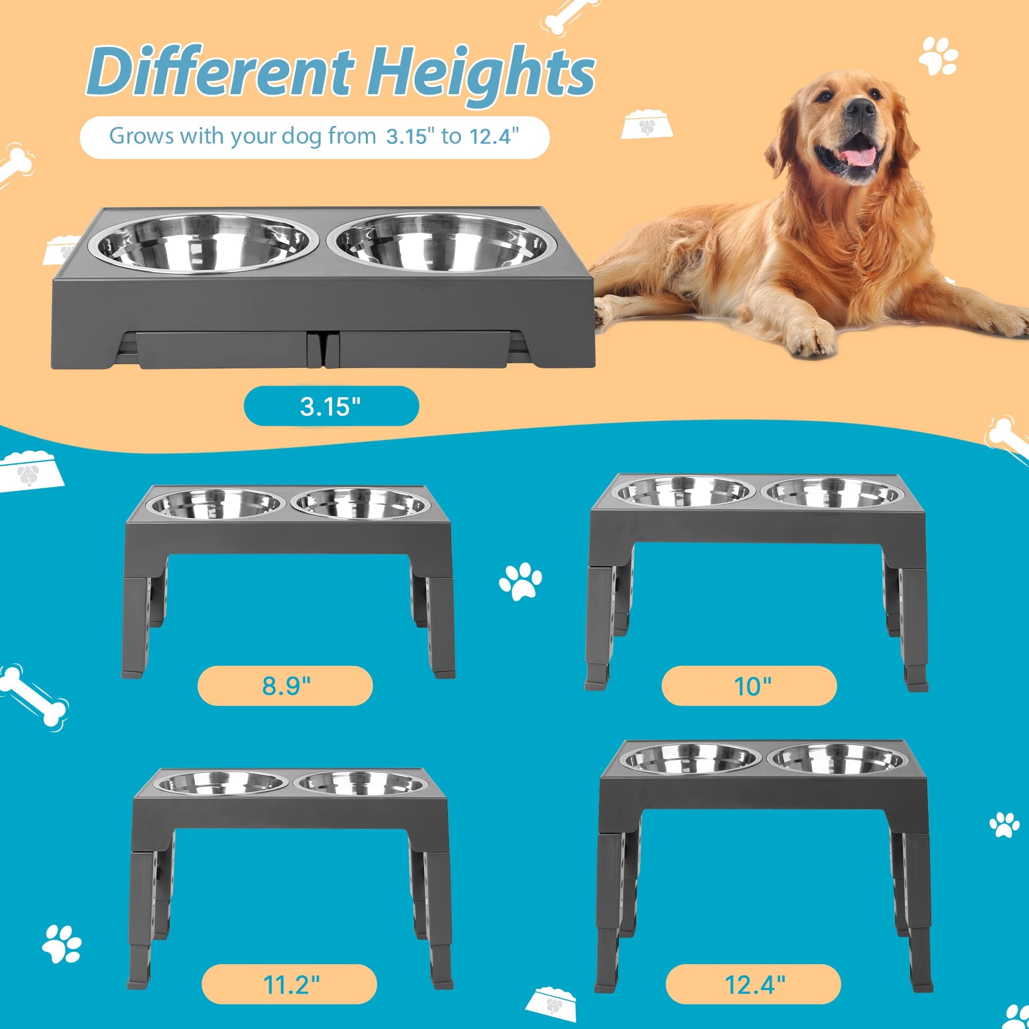 ZALALOVA Elevated Dog Bowls Stand with 2 Stainless Steel Dishes 1 Slow Feeder Dog Bowl, Raised Dog Bowl Adjusts to 5 Heights (3.15",8.9'',10",11.2'',12.4") for Medium and Large Dogs(Gray)