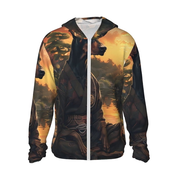 Balery Sunset Meditating Doberman Sudadera ligera de manga larga con capucha y protección solar UPF 50+ para hombre y mujer, ideal para pesca y running-X-Large