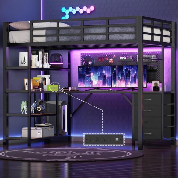 Twin Size Loft Bed with Power Outlet and LED Lights, Metal Loft Bed Frame with L Shape Desk and 4-Tier Storage Shelves, No Box Spring Needed, Black