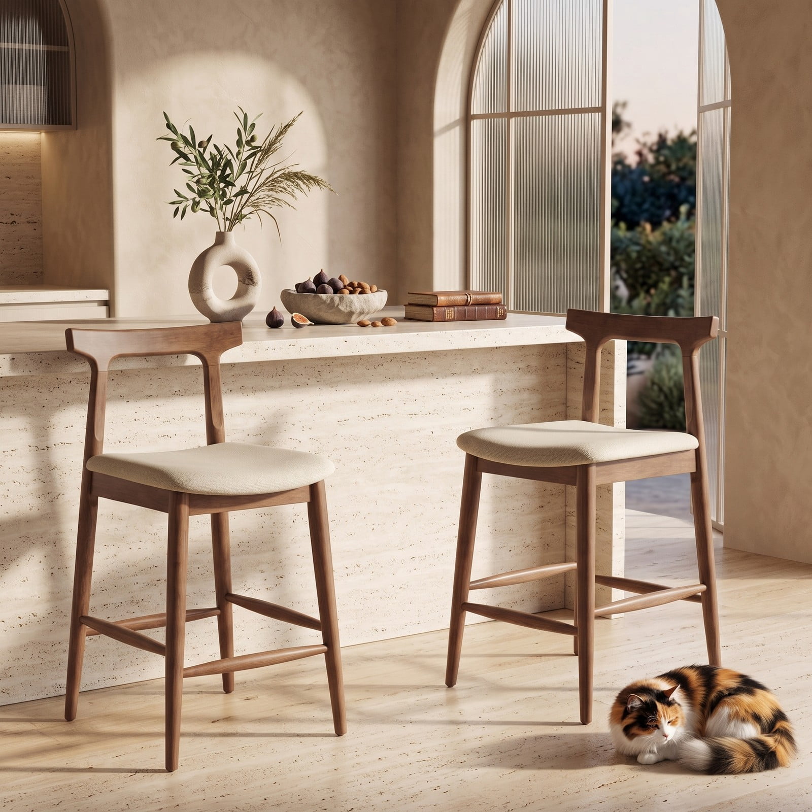 Furnibear Counter Height Bar Stools Set of 2, 24 Inch Solid Rubber Wood Kitchen Island Chairs with Curved Backrest, Upholstered Padded Seat and Built-in, Walnut
