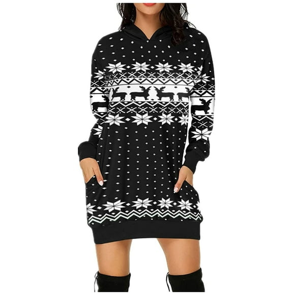 Yoodem Dresses Women Holiday Dresses for Women Christmas Hooded Sweatershirts Long Sleeve Oversized Polka Dot Printed Midi Pullover Dress Party Dresses for Women Black XL