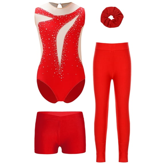 TTAO Girls Figure Skating Outfits Dance Unitards Gymnastics Leotard with Shorts Leggings Hairband Activewear Set Red 8
