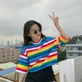 thumbnail image 5 of Hot Sale! Women Rainbow T Shirt Striped O-Neck Half Sleeves Stripes Tee Top Stripped Boyfreid Style Oversize,M-2XL, 5 of 11